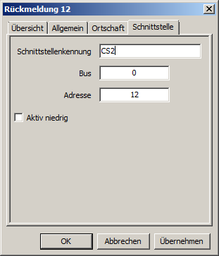 Nach dem Klick auf Eigenschaften öffnen sich die Einstellungen des Rückmelders. Zum konfigurieren des Signals Verbindung zur CS2 herstellen wechseln Sie zur Registerkarte Schnittstelle.