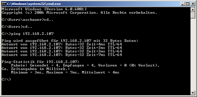 Um die Netzwerkverbindung zu Testen führen Sie die Command Box mit dem Befehl cmd in Ausführen aus. Danach geben Sie den Befehl Ping mit der von der CS2 eingestellten IP Adresse (im Screnshot 192.168.