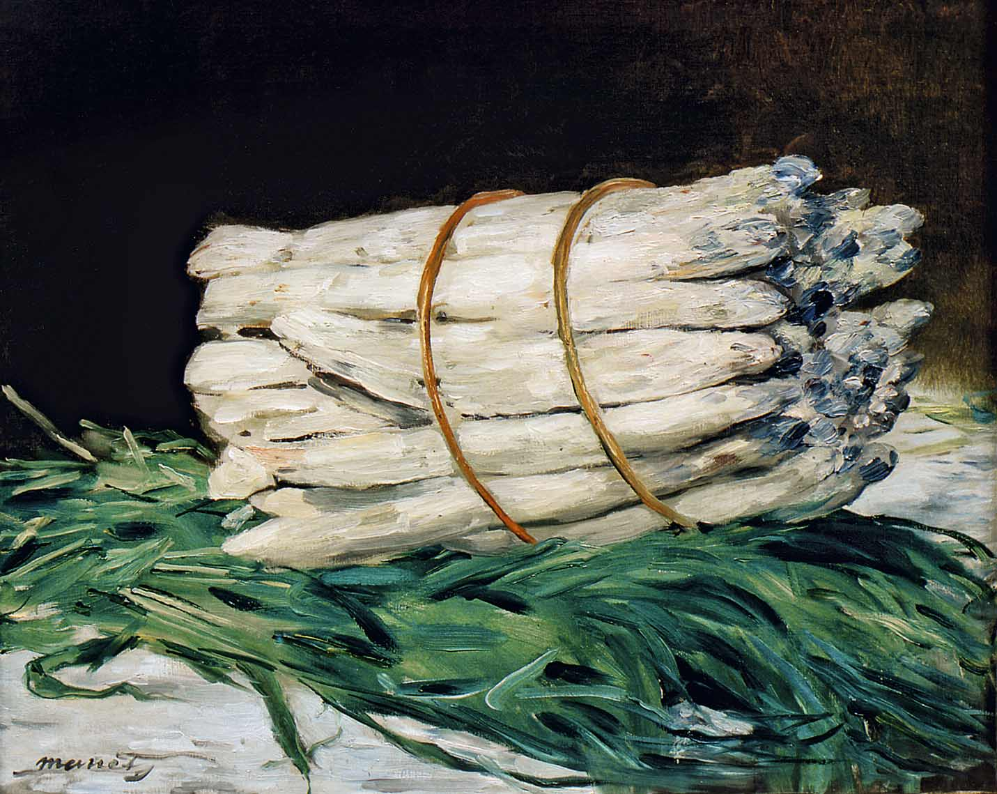 Édouard Manet, Spargelbund, 1880, Wallraf-Richartz-Museum, Köln 1880 malte Manet ein Stillleben von einem Bündel Spargel. Auch dieses Bild war nicht»ordentlich«und genau.