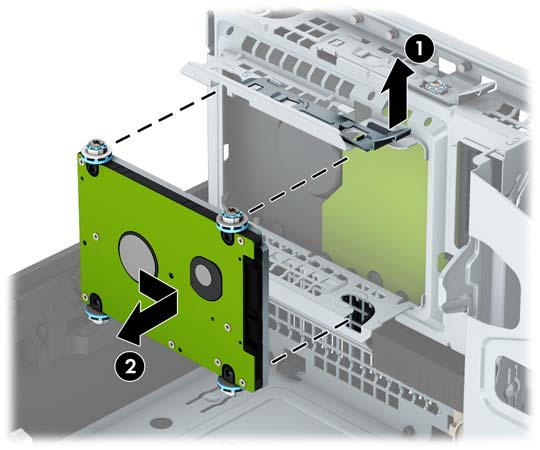 8. Ziehen Sie das Stromkabel (1) und das Datenkabel (2) auf der Rückseite des Festplattenlaufwerks ab. 9.