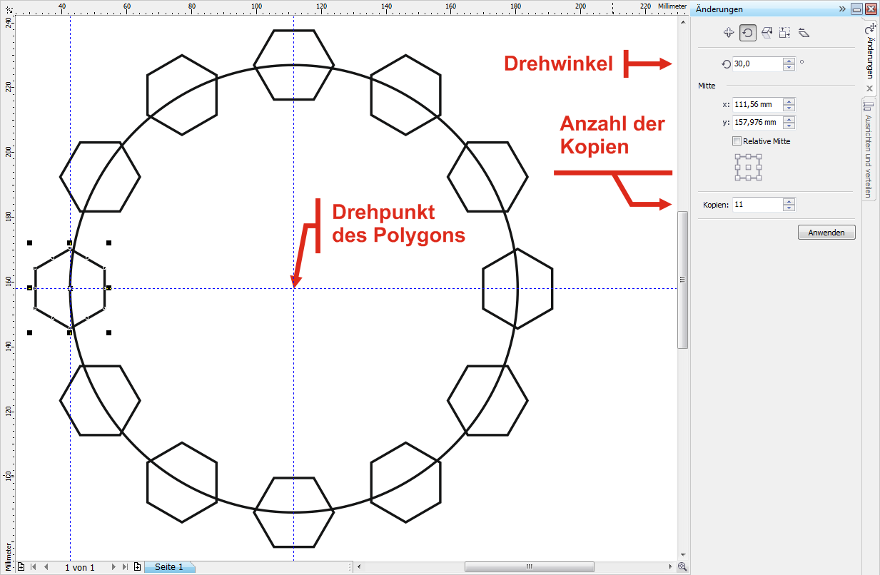 Aufgabe 4 (Musterlösung; Zahnrad) Corel Draw Seite 4 von 8 5. Nun muss das Polygon auf der Umrisslinie des großen Kreises kopiert und verteilt werden.