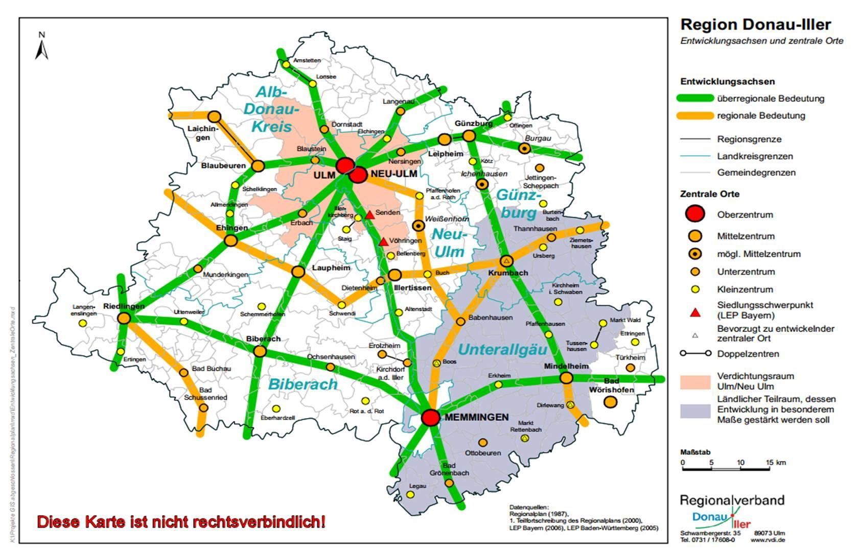 Grafik: (Über-)Regionale Entwicklungsachsen in der Region Donau-Iller Quelle: Regionalverband Donau-Iller; abgerufen unter http://www.rvdi.typo3-umsetzung.
