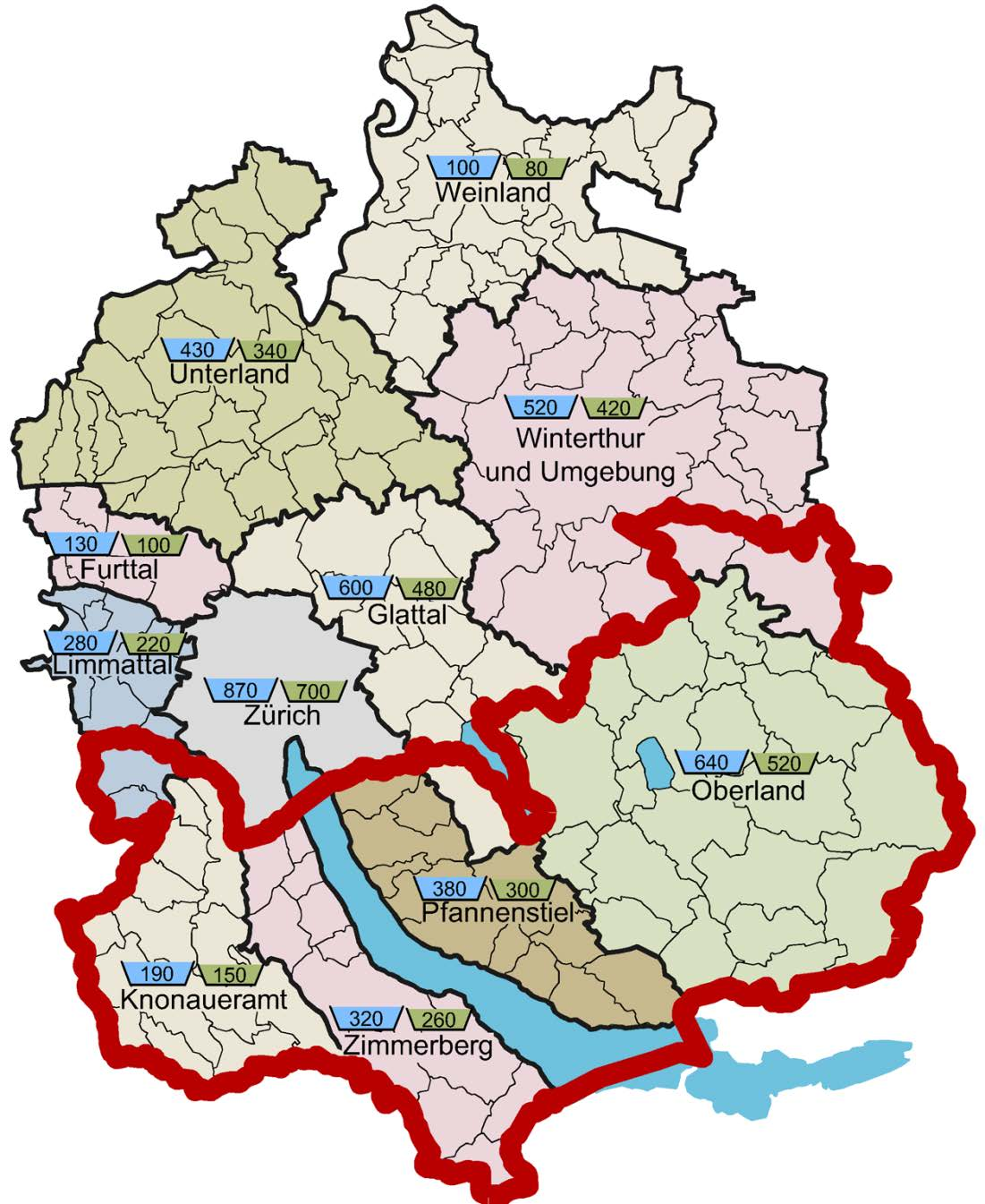 Abbildung 3: Anfall Aushub pro Jahr und Region im Kanton Zürich (in 1 000 m³, fest).