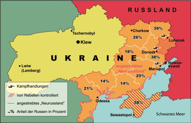 Brandherde waren unter anderem die Städte Luhansk, Odessa, Charkow und Donezk. Grafik: Dave Vaugham Die diplomatischen Bemühungen zur Beilegung der Krise wurden intensiviert.