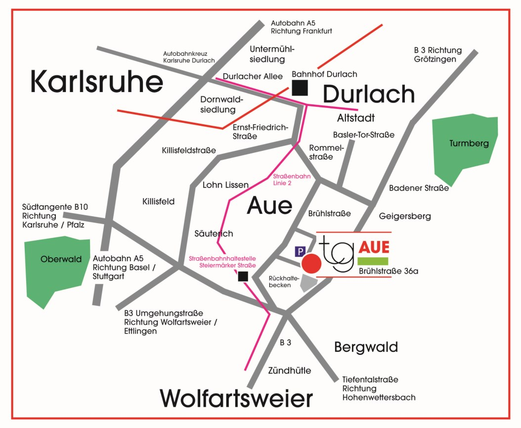 Anfahrt aus Richtung Durlach kommend... erreichen Sie uns mit der Tram 8 (Haltestelle: Zündhütle) oder dem Bus 24 (Haltestelle: Brühlstr. Mitte). Mit dem Auto fährt man über die B3.