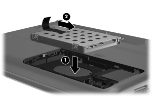 10. Ziehen Sie die Lasche am Laufwerk nach links (1), und heben Sie die Festplatte aus dem Computer (2). So setzen Sie eine Festplatte ein: 1.