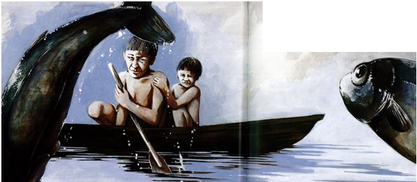 Jaaa Großvater! Übermütig sprang der kleine Indianer auf und half seinem Großvater das Netz ins Wasser zu werfen. Nur ein weißes Holzstück blieb auf der Wasseroberfläche sichtbar.
