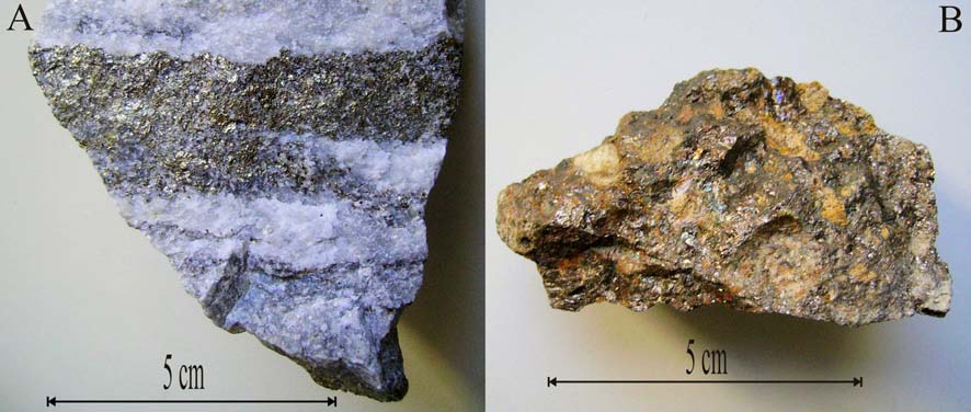 Sphaleritlagen (braun) vererzter Silikatmarmor; B: Massiger Amphibolit; C: Helles syenitisches Ganggestein mit