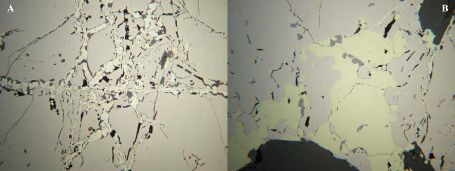 84 können selten kleine Covellin-Kristalle beobachtet werden. Karbonate und Silikate, die in Pyrrhotin eingeschlossen sind, weisen ihrerseits auch Einschlüsse von Pyrrhotin auf.