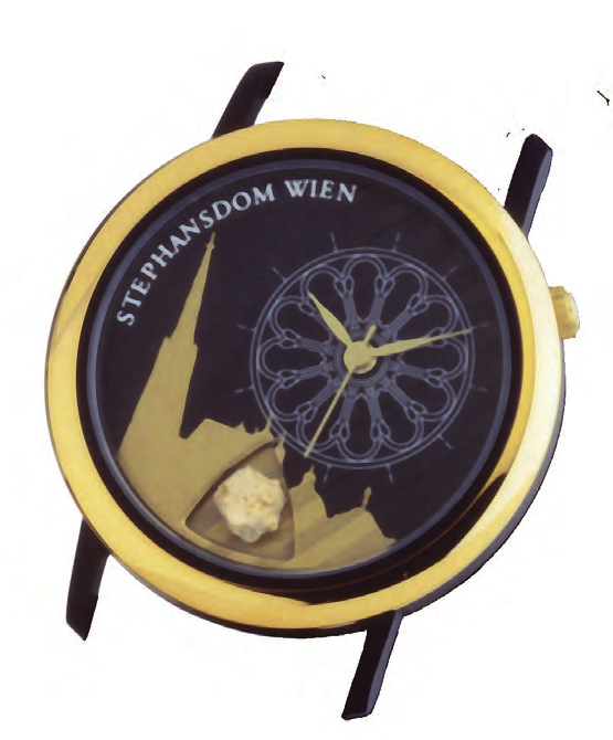 Doris Feldbacher Generalsekretärin Stephansdom-Uhr mit Originalstein des Domes aus der Zeit der Domweihe (1147) Diese besondere Uhr ist gegen eine Spende von 47, erhältlich.