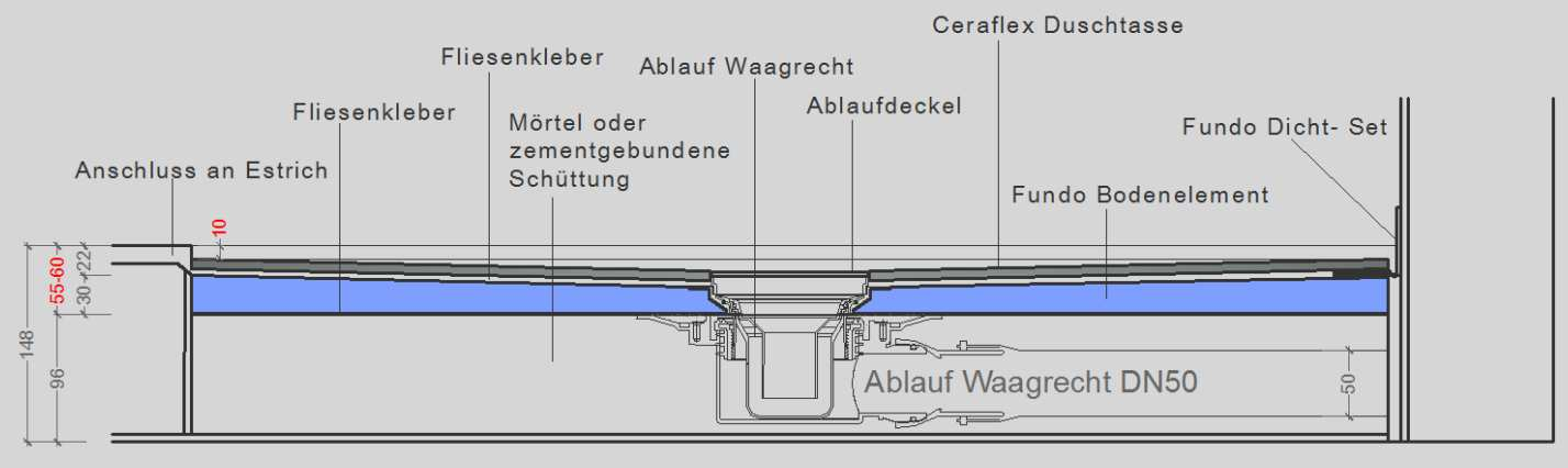 Ceraflex Duschbodenelement - Wedi Fundo Ablauf Mini Max DN40 Schlukleistung 0,54 Liter/ Sekunde Mindesteinbauhöhe 115mm Der Fundo Ablauf waagrecht ist ein zugelassener Bodenablauf mit