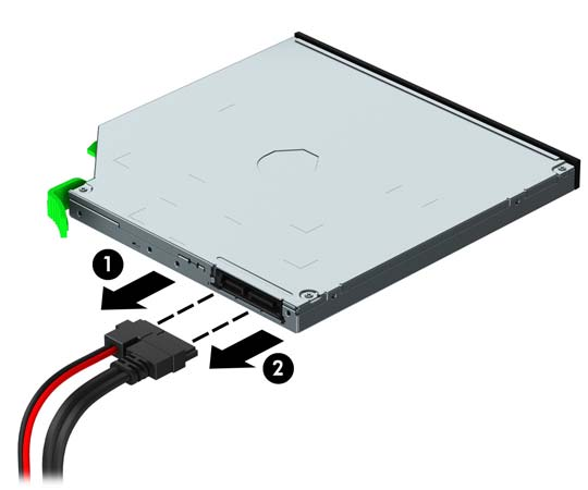 Ausbauen eines 9,5 mm flachen optischen Laufwerks ACHTUNG: Im Laufwerk darf sich kein Wechseldatenträger mehr befinden, wenn Sie es aus dem Computer herausnehmen. 1.