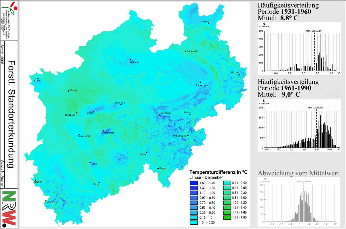 2. Klimawandel in Nordrhein-Westfalen Für Nordrhein-Westfalen liegen Klimadaten für die Periode 1931 bis 1960 in einem Raster von 100x100 m [Klimaatlas NRW, 1989] und für die Periode 1961-1990 in