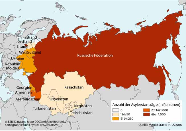 Karte 2-7: Asylantragsteller (Erstanträge) aus den Nachfolgestaaten der ehemaligen Sowjetunion im Jahr 2006 Abbildung 2-18: