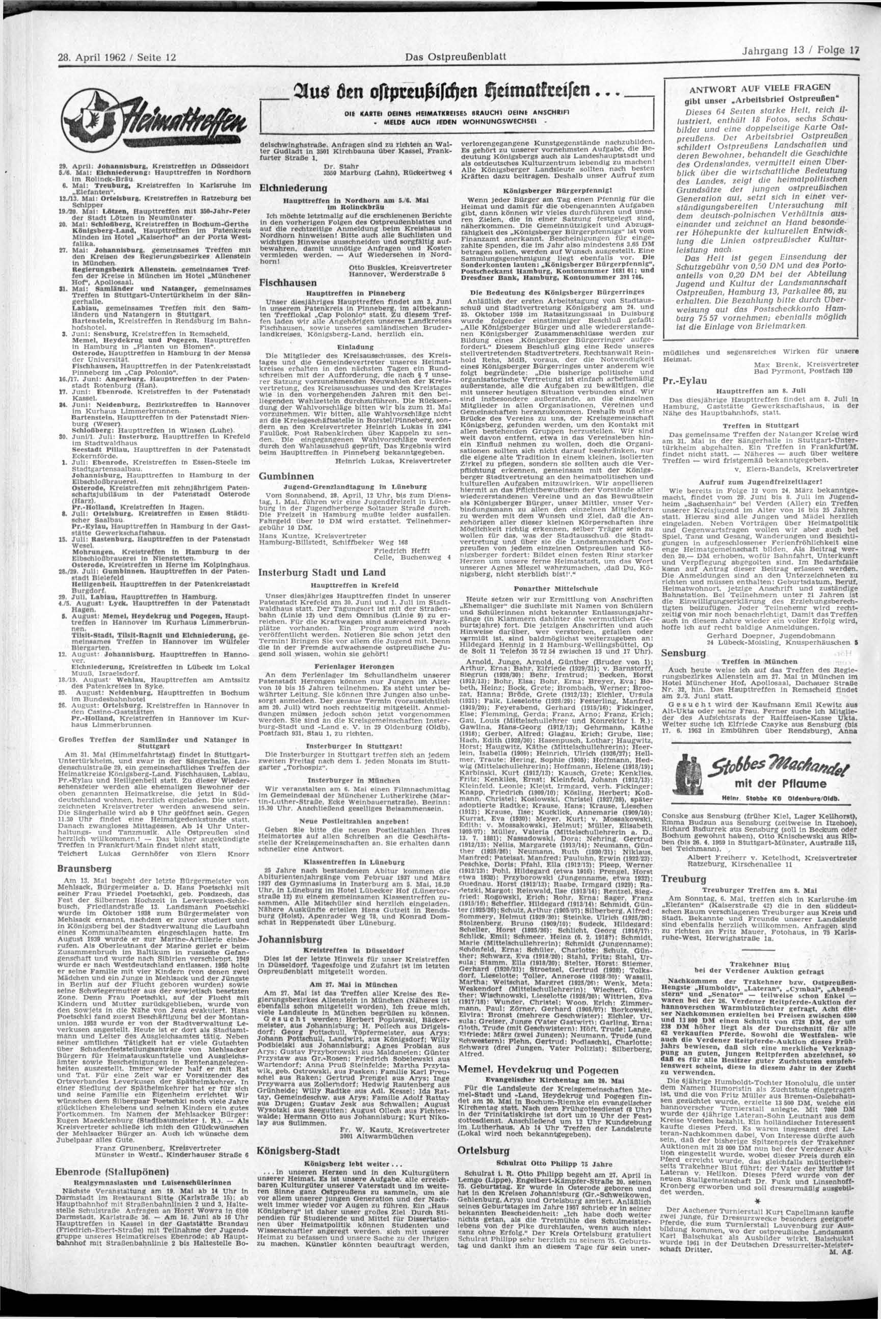 28. April 1962 / Seite 12 Das Ostpreußenblatt 29. April; Johannisburg, Kreistreffen in Düsseldorl 5./6. Mai: Elchniederung: Haupttreffen In Nordhorn Im Rolinck-Brau 6.