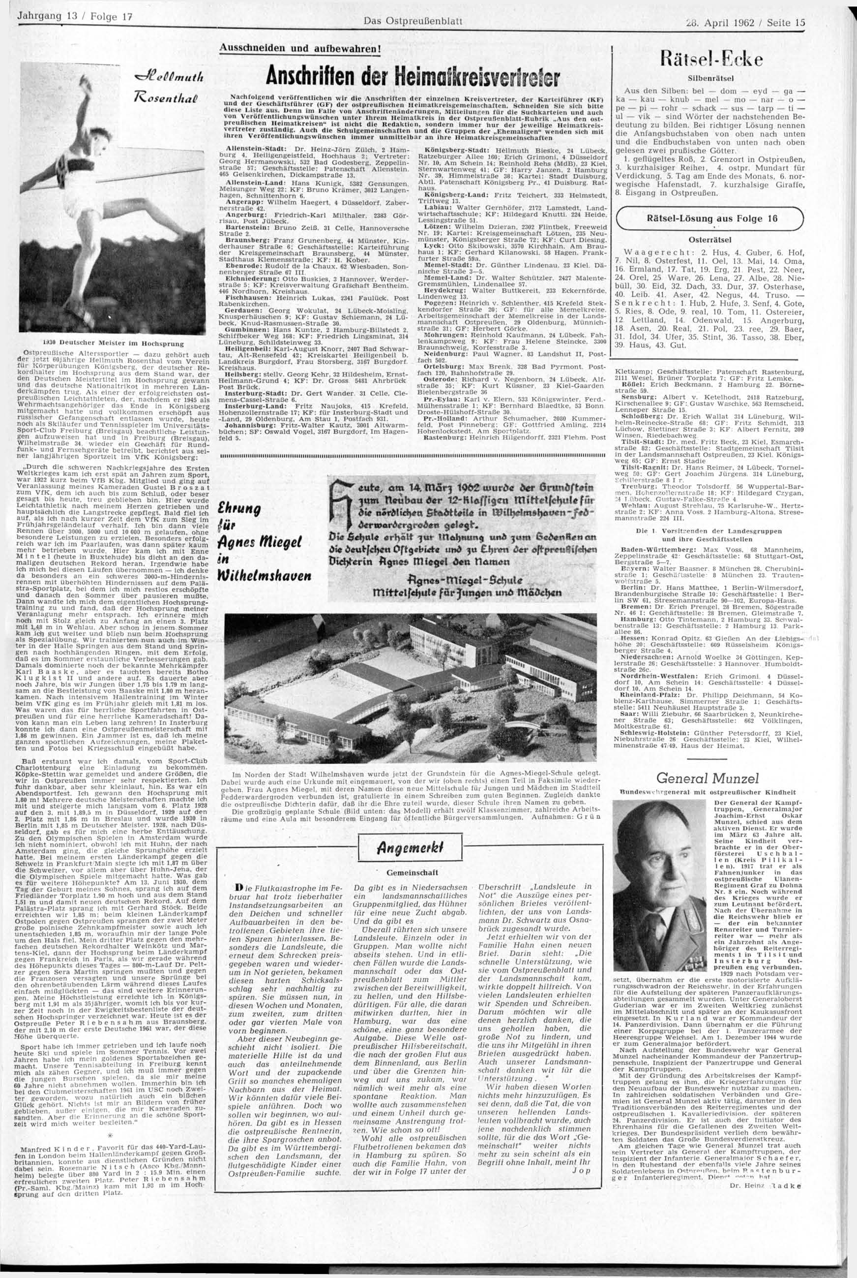 Das Ostpreußenblatt 28. April 1962 / Seite 15 T^osenthai 1 1930 Deutscher Meister im Hochsprung Ostpreußische Alterssportler dazu gehört auch der jetzt eo.