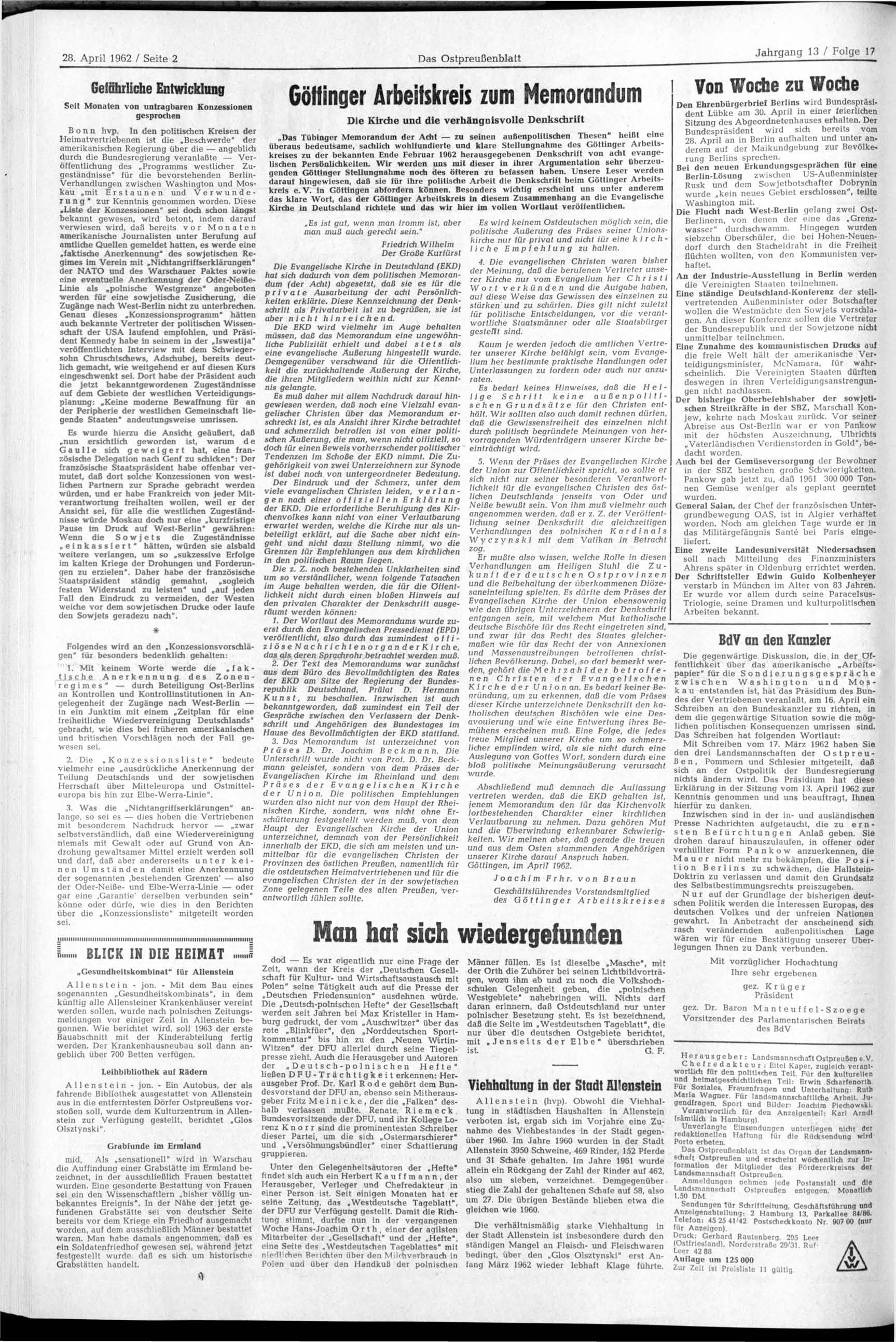 28. April 1962 / Seite 2 Das Ostpreußenblatt Gefährliche Entwicwun» Gbffinger Arbeitskreis zum Memorandum 3.
