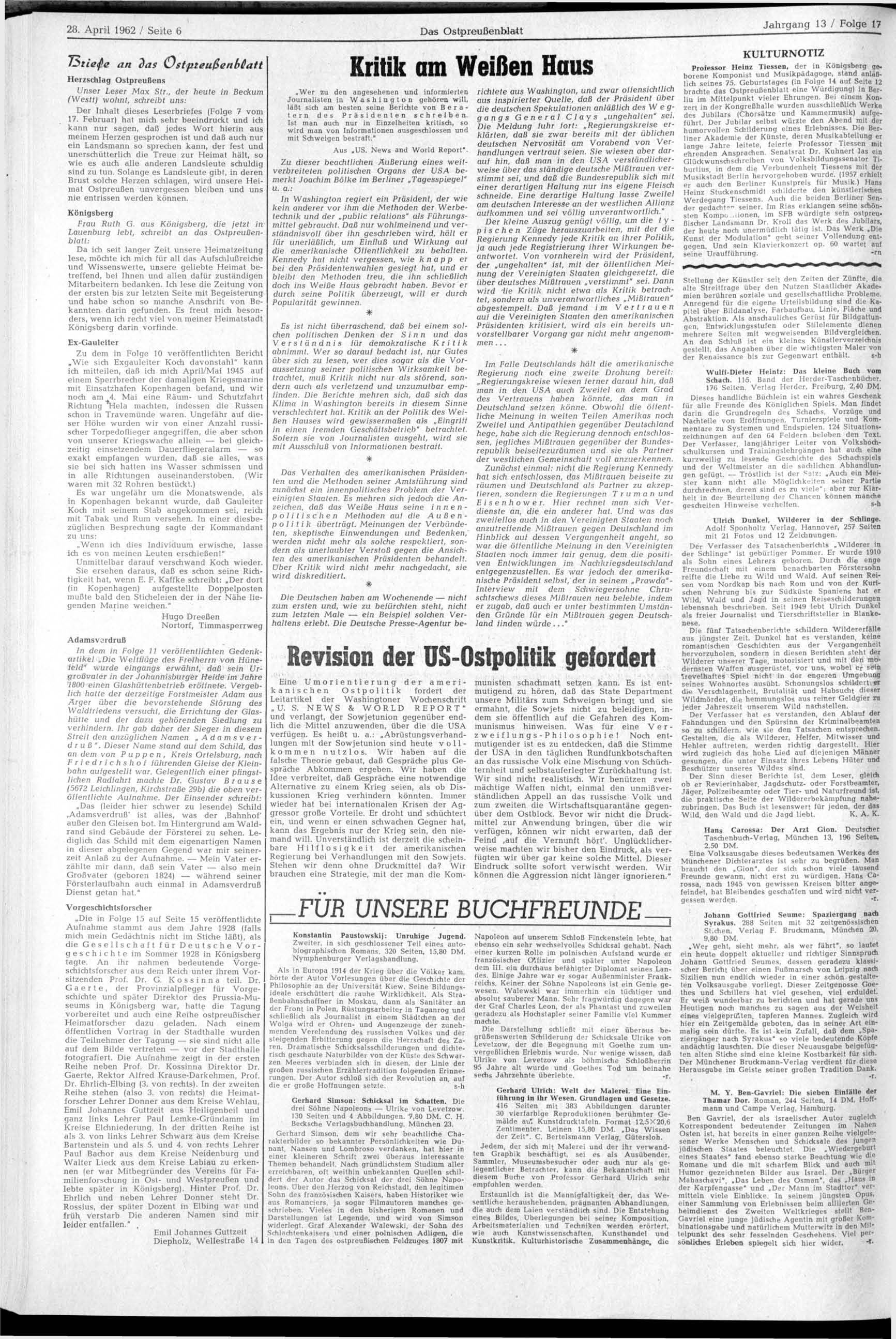 28. April 1962 / Seite 6 Das Ostpreußenblatt 75rie<ße an das Ostftteußenbßatt Herzschlag Ostpreußens Unser Leser Max Str.
