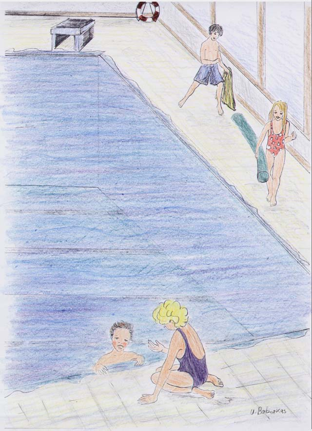 Der Schreck Dann gehen Leo und Lisa mit ihrer Klasse in die Umkleidekabinen und ziehen sich um. Lisa freut sich schon so auf das Wasser, dass sie direkt von der Umkleidekabine zur Dusche rennt.