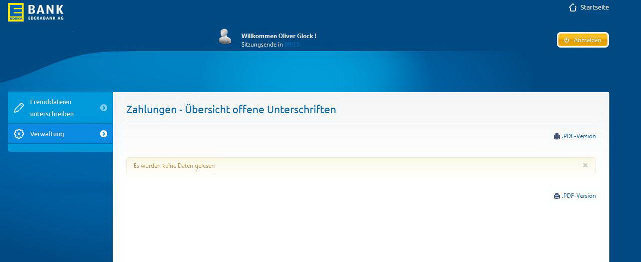 Sobald Sie im Banksystem freigeschaltet sind, können Sie sich erneut einloggen. Es erscheint nun der Startbildschirm. Mit Hilfe der Menüleiste können Sie die benötigten Bildschirmmasken aufrufen.