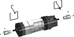 3.3 Kopfschiene x mm, oben offen Montage mit außenliegenden Halteklammern Schrauben Sie die Adapter () mit Schrauben M3x8 () an die Antriebswelle.
