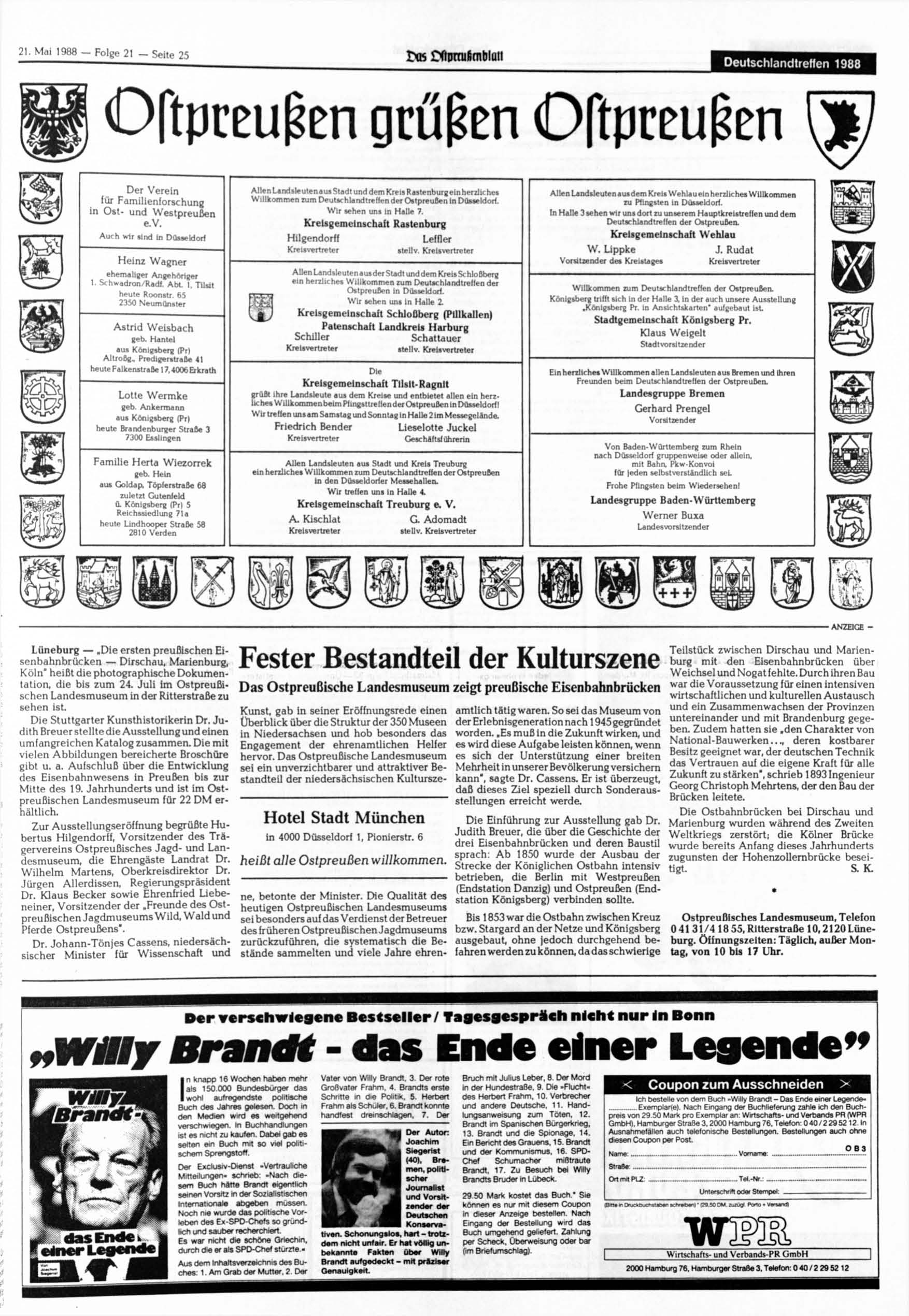 21- Mai 1988 - Folge 21 - Seite 25 txß Xinmifirnbluii Deutschlandtreffen 1988 Oftpceufsen grüßen Oftpreußm \S) Der Verein für Familienforschung in Ost- und Westpreußen e.v.