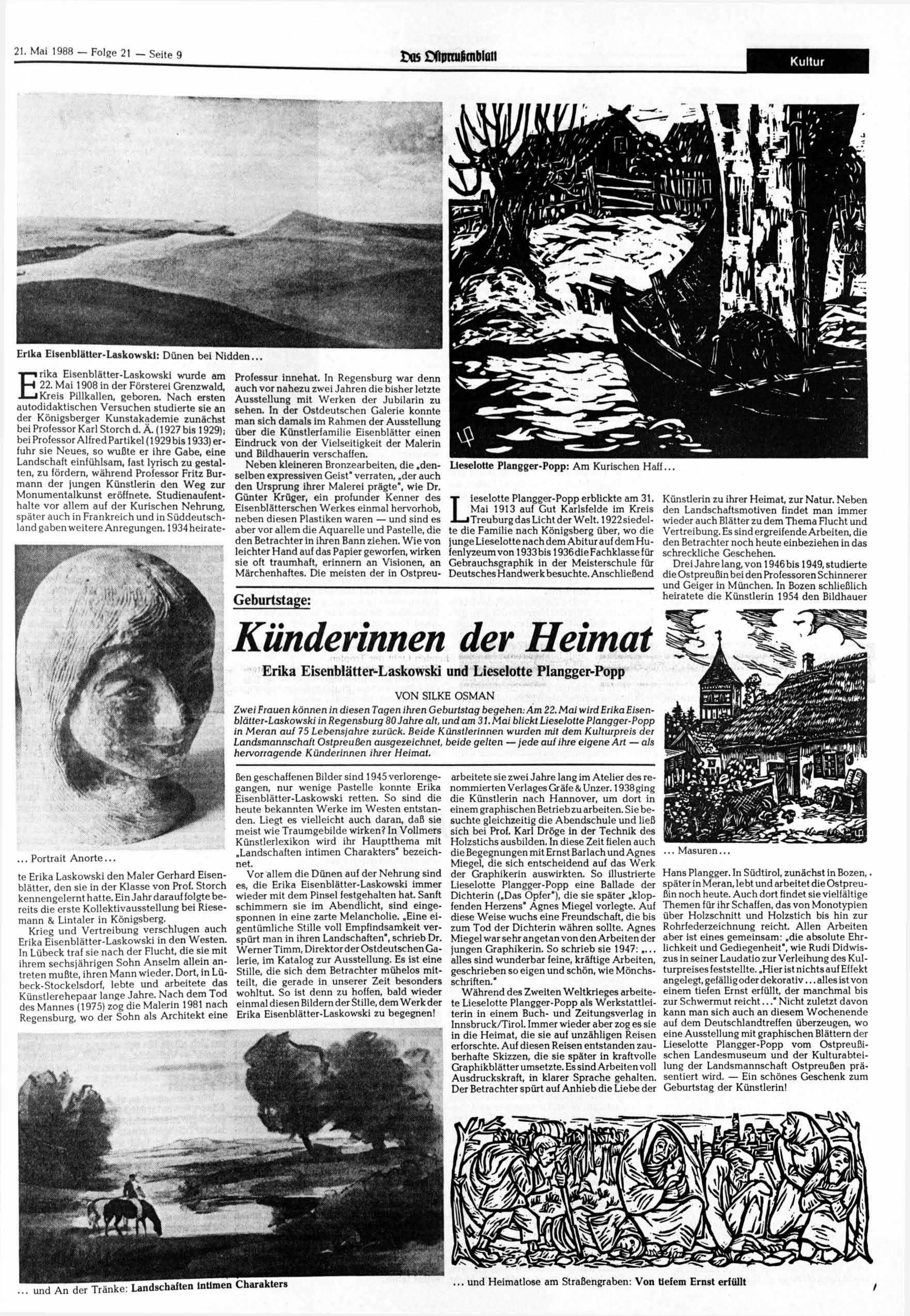 21. Mai 1988 Folge 21 Seite 9 os Wpraifimblatt Kultur Erika Eisenblätter-Laskowski: Dünen bei Nidden... Erika Eisenblätter-Laskowski wurde am 22.