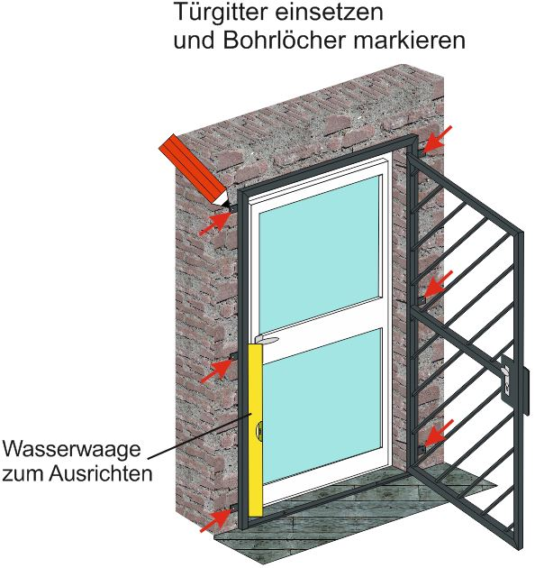 Montage von Türgittern auf der Außenwand: Benötigte Werkzeuge: Wasserwaage Maßband Bohrmaschine Hammer Bleistift 1.