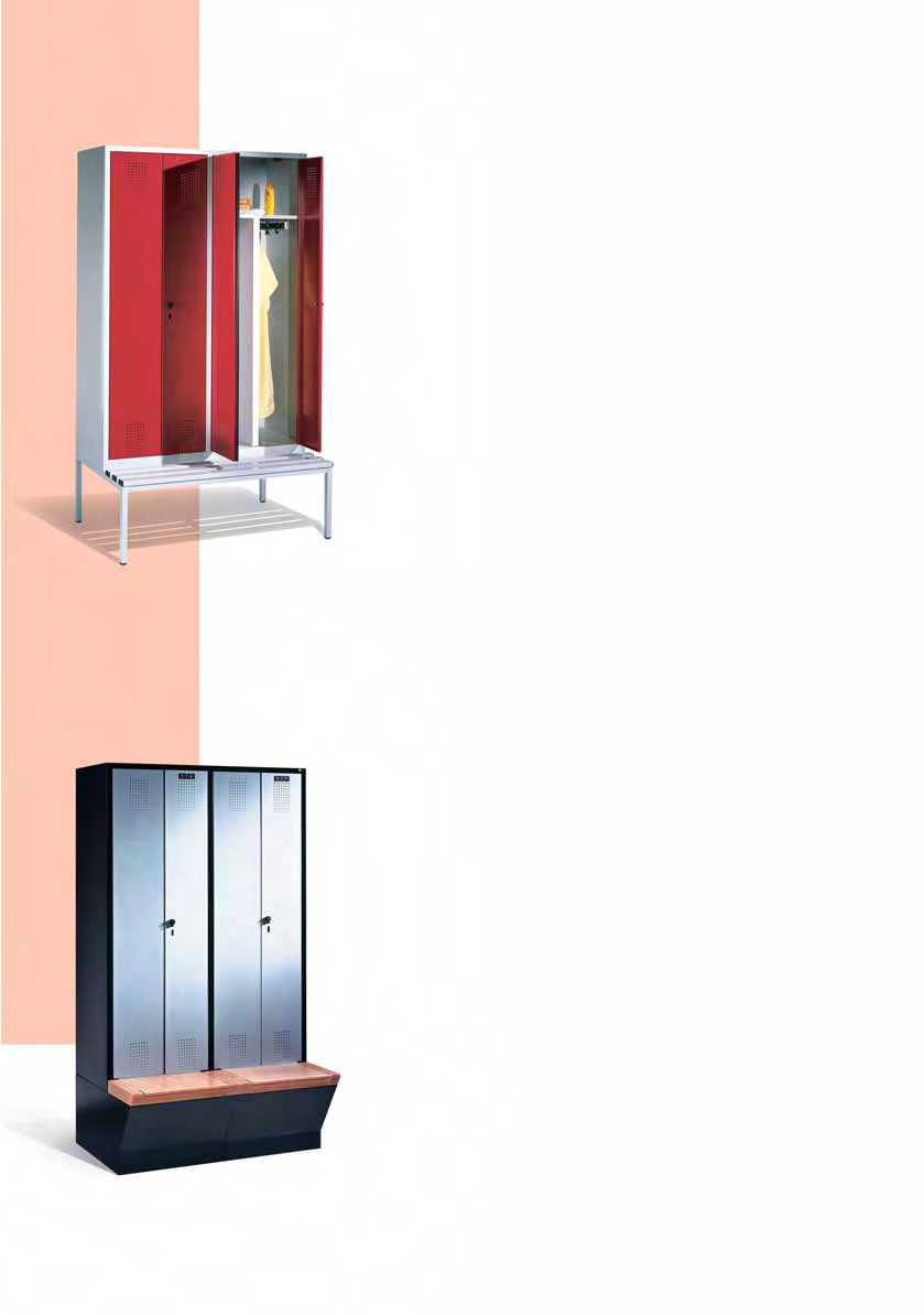 Garderobenschränke S 000 mit paarweise zueinander schlagenden Türen für gemeinsamen Verschluss Garderobenschränke mit untergebauter Sitzbank oder untergebauter Aufbewahrungsbox zur Unterbringung von