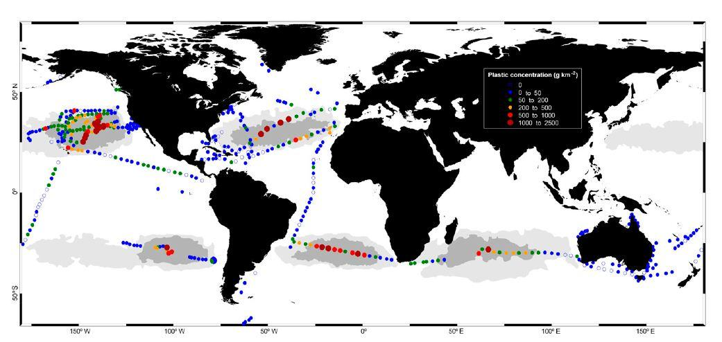 Was geschieht mit dem Plastik im Meer? Quelle: Cózar et al. 2014 in PNAS Die großen ozeanischen Strudel akkumulieren Plastik.