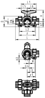 Abmasse des Kugelhahn 543 horizontal mit T-Bohrung Klebemuffe metrisch d D L L1 L2 L3 L4 L5 L6 H H1 H2 M z z1 closest mm mm mm mm mm mm mm mm mm mm mm mm mm mm inch 16 5 19 77 73 36 25 32 45 57 28 8
