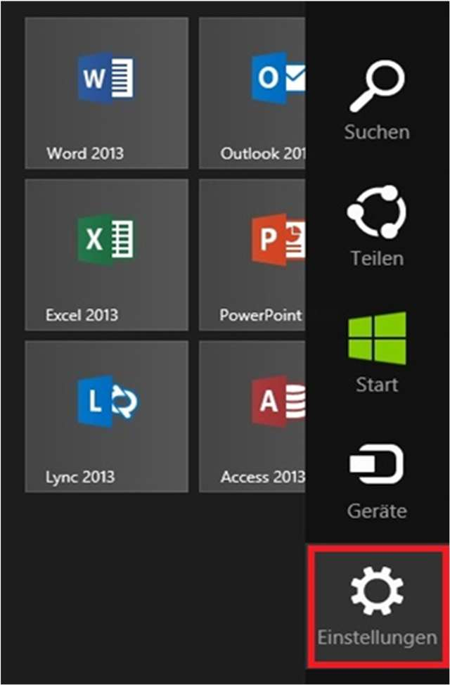 Windows 8 Unter Windows 8 fahren Sie mit der Maus in die rechte obere Bildschirmecke um das Systemmenü zu öffnen, wählen Sie dann den Punkt Einstellungen aus.