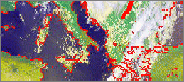 Was sagen die Satellitenbilder? Das linke Bild ist eine Meteosataufnahme von 15:00 UTC.
