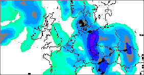 Warum gerade im Erzgebirge soviel Regen? Im linken Bild ist der erwartete Niederschlag für Mitteleuropa dargestellt.
