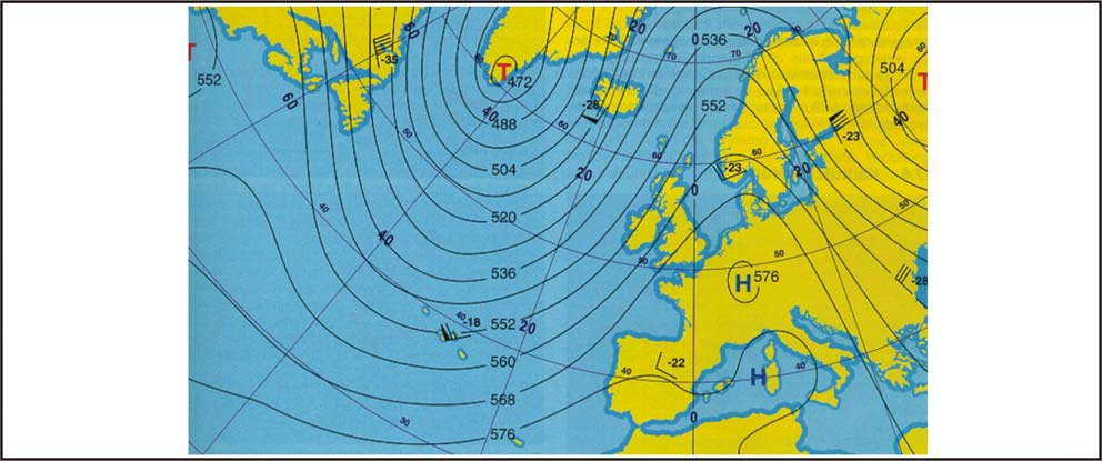 .6 Zum Verständnis von Höhenwetterkarten... Abbildung -12: 500 hpa Höhenwetterkarte (Isohypsendarstellung) Höhenwetterkarten zeigen nicht das Wetter in einer Höhe wie z.b. in 5 km, sondern sie zeigen das Wetter in der Höhe einer bestimmten Luftdruckfläche.