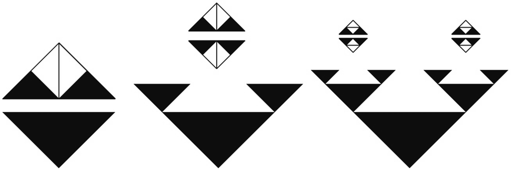 Die restliche zwei Dreiecke zerlege wieder i je vier kleiere Dreiecke vo dee du je zwei a die Basisecke der vorhergehede Dreiecke legst (Abb. ) usw.