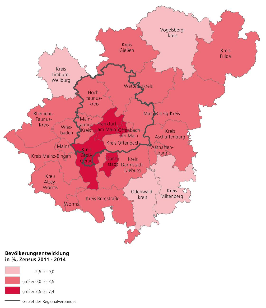 Bevölkerungsentwicklung 2011 2014 In der Metropolregion FrankfurtRheinMain wuchs die Einwohnerzahl zwischen dem Zensus 2011 (09.05.2011) und Ende 2014 um über 143.