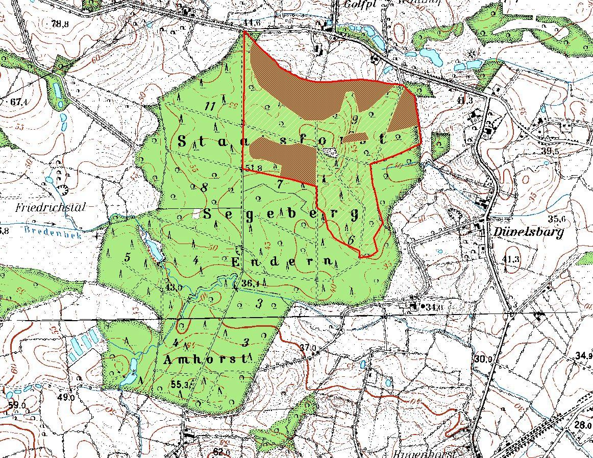 3. Beschreibung des Vorhabens 3.1 Lage und Größe Der geplante Friedwald liegt im nordöstlichen Bereich von Endern. Die vom Friedwald in Anspruch genommene Gesamtfläche ist 33,7 ha groß (s. Abb.