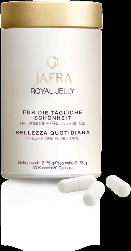 NEU im Produktkatalog März JAFRA Royal Jelly Nahrungsergänzungsmittel FÜR DIE TÄGLICHE SCHÖNHEIT* WAS ES KANN Royal Jelly für die tägliche Schönheit enthält zielgerichtet auf die Haut wirkende