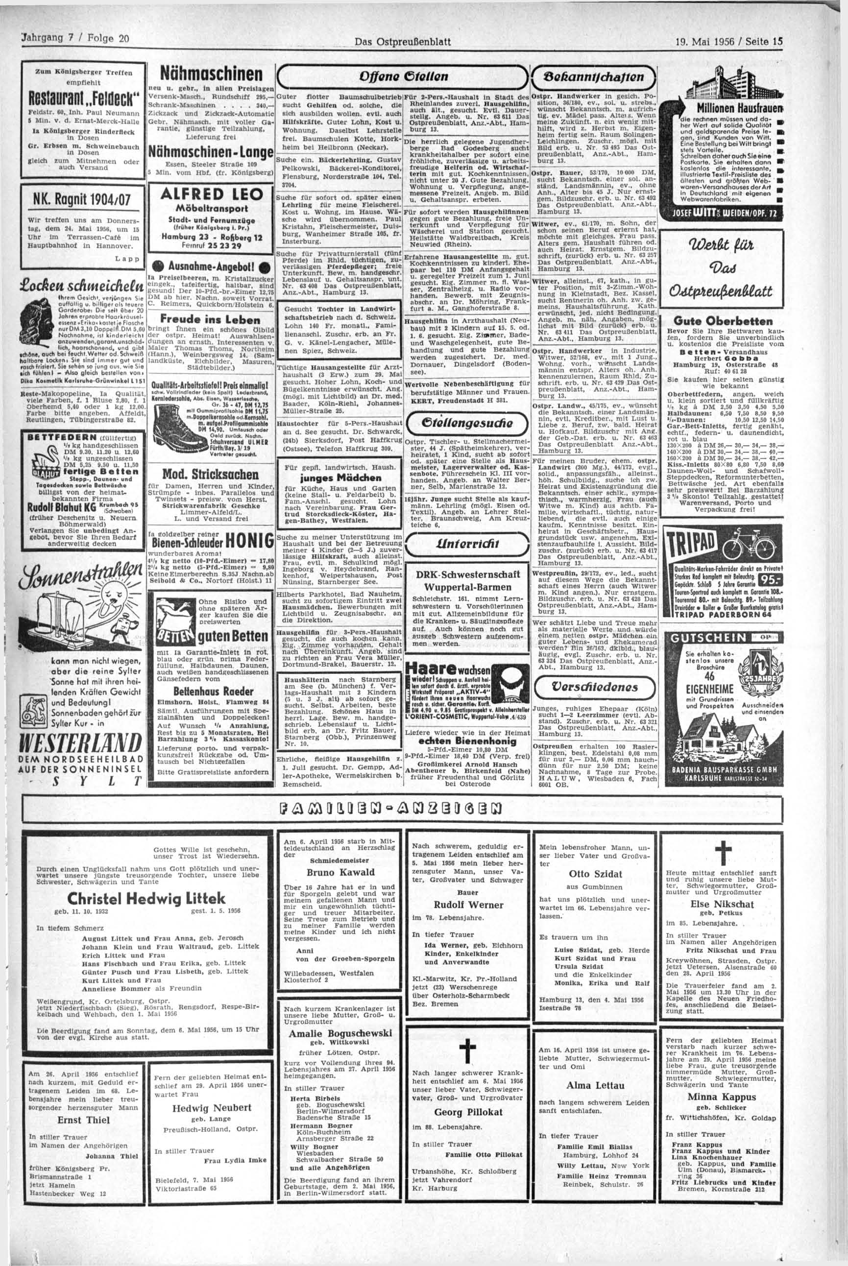 Das Ostpreußenblatt 19. Mai 1956 / Seite 15 Zum Königsberger Treffen empfiehlt Restaurant FeidecH" Feldstr. 60, Inh. Paul Neumann S Min. v. d.
