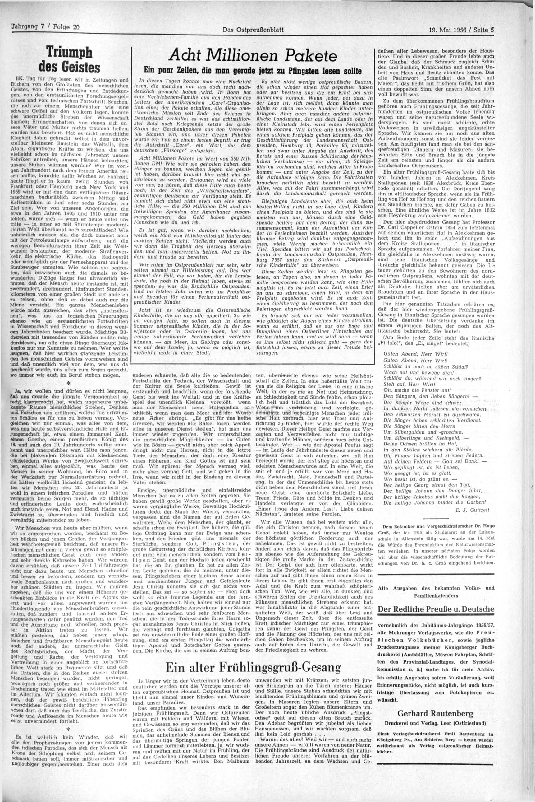 Das Ostpreußenblatt 19. Mai 1956 / Seite 5 Triumph des Geistes EK.