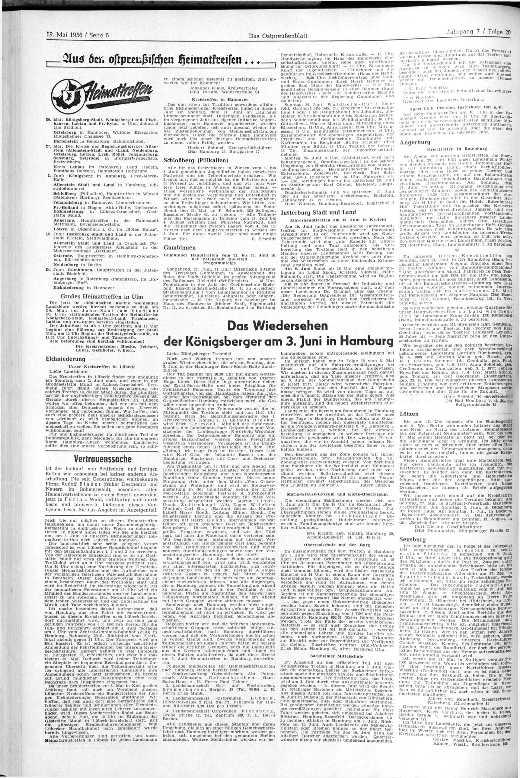 19. Mai 1956 / Seite 6 Das Ostpreußenblatt.21 u s öer. ofrpccufsifdjen Q c w n n t f r e i f e n... SO. Mai: Königsberg-Stadt, Königsberg-Land, Ilschhausen, Labiau und Pr.