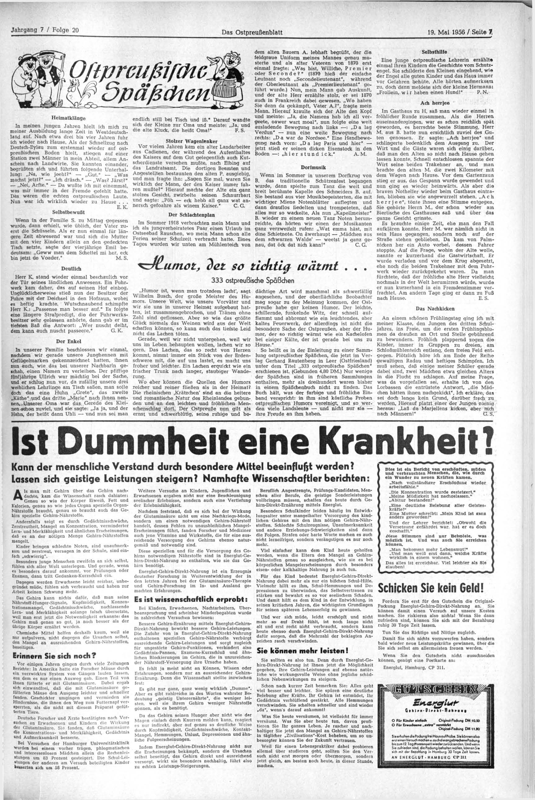 Das Ostpreußenblatt 19. Mai 1956 / Seite 7, Heimatklänge In meinen jungen Jahren hielt ich mich zu meiner Ausbildung lange Zeit in Westdeutschland auf.