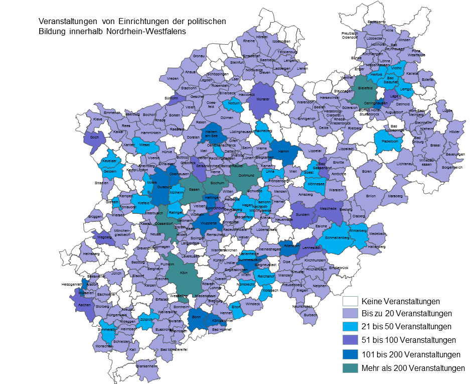 Bericht Einrichtungen der politischen Bildung 2012 10 Insgesamt fanden 7.288 Veranstaltungen von Einrichtungen der politischen Bildung innerhalb von NRW statt. Das sind 87,8 % aller Veranstaltungen.