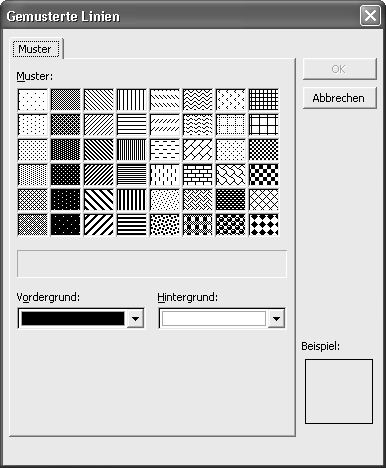Hier können Sie auch Muster (variierbar durch Bestimmung von Vorder- und Hintergrundfarbe) zur Liniengestaltung heranziehen.