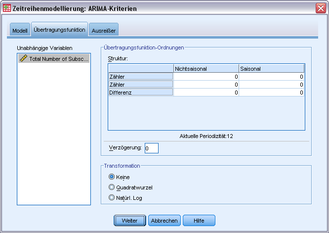 15 Zeitreihenmodellierung Übertragungsfunktionen in benutzerdefinierten ARIMA-Modellen Abbildung 2-6 Dialogfeld ARIMA-Kriterien, Registerkarte Übertragungsfunktion Auf der Registerkarte