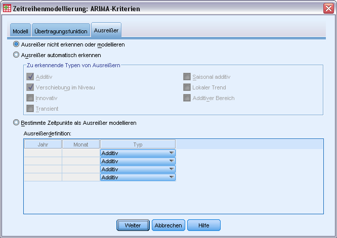 17 Zeitreihenmodellierung Ausreißer in benutzerdefinierten ARIMA-Modellen Abbildung 2-7 Dialogfeld ARIMA-Kriterien, Registerkarte Ausreißer Auf der Registerkarte Ausreißer sind die folgenden