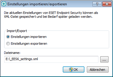 3.10.3 Einstellungen importieren/exportieren Über das Menü Einstellungen können Sie die XML-Datei mit Ihrer benutzerdefinierten Konfiguration von ESET Endpoint Security importieren und exportieren.