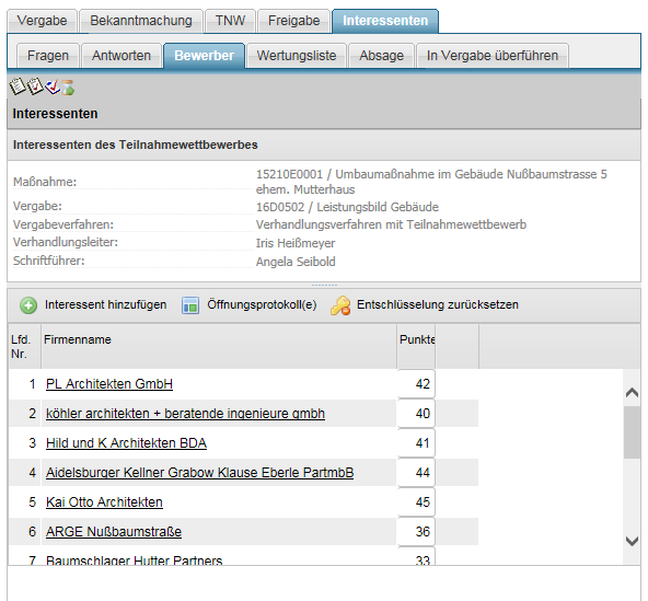 Nach Ablauf der Teilnahmefrist 7. Interessenten Nach Ablauf der Teilnahmefrist findet die Öffnung statt.