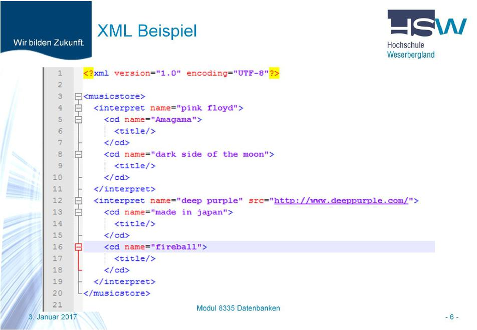 In dieser Abbildung sehen Sie ein korrekte XML Datei: Zeile 1 : Gibt an, dass es sich um eine XML Datei handelt. Ist eine Art Meta Information. Erkennt man daran, dass das Tag mit einem <? anfängt.